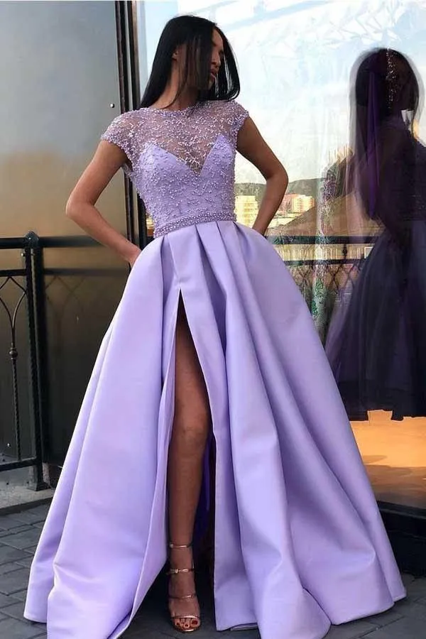 A-line Lavender Satin Beaded Long Prom Dresses, Evening Dresses