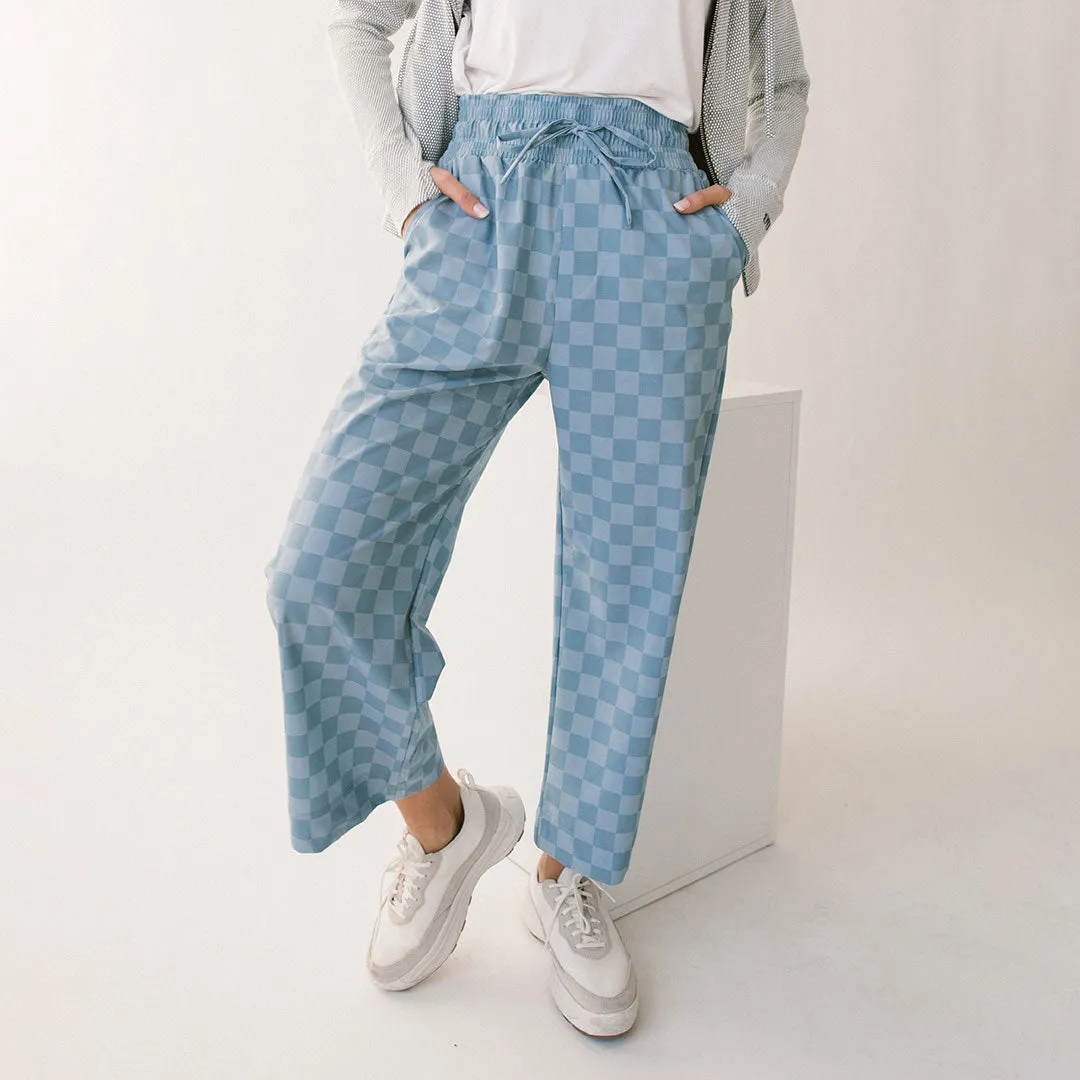 Audrey Wide Leg Pants, Blue Checkers