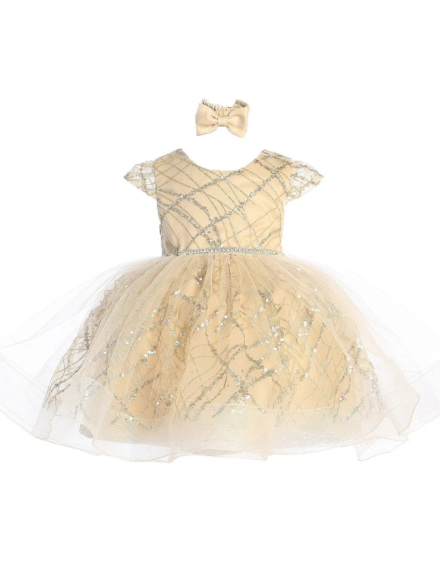 Baby Girls Gold Glitter Rhinestone Waistline Tulle Flower Girl Dress 6-24M