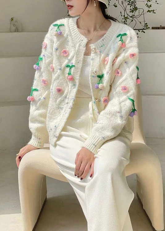 Beautiful White Button Floral Knit Cardigans Spring