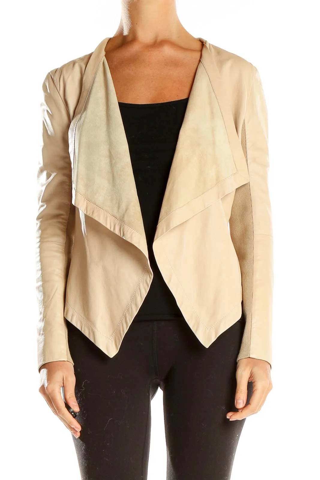 Beige Draped Open Front Jacket