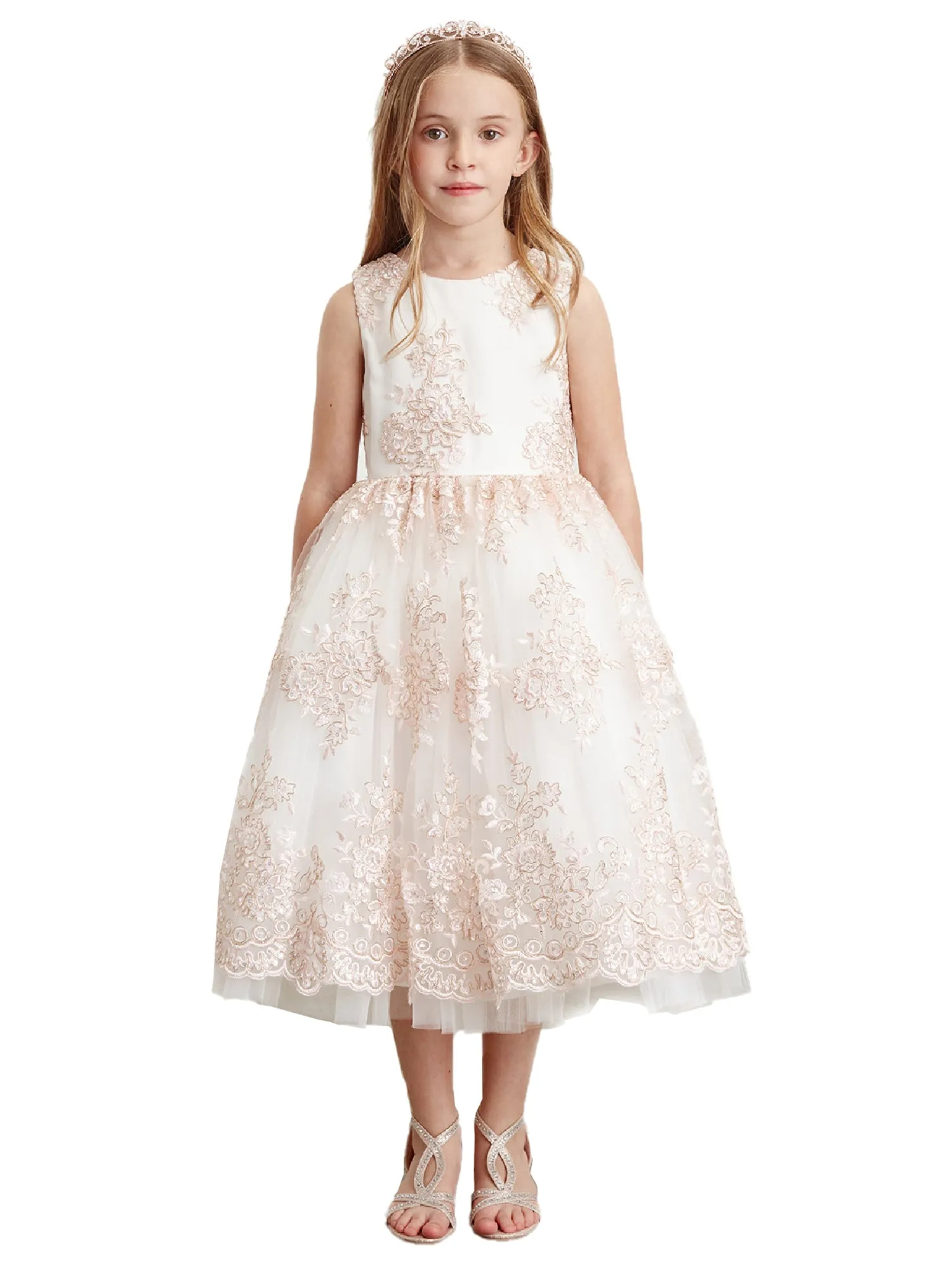 Big Girls Blush Metallic Lace Overlay Tulle Junior Bridesmaid Dress 8-16