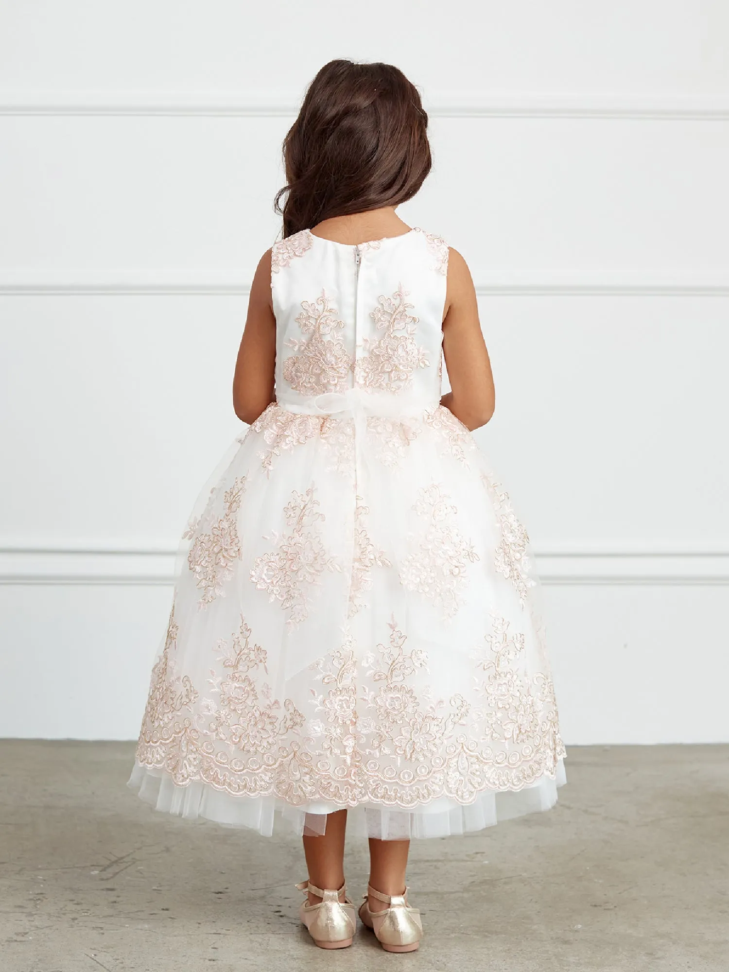 Big Girls Blush Metallic Lace Overlay Tulle Junior Bridesmaid Dress 8-16