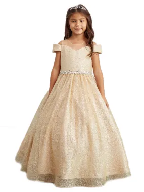 Big Girls Gold Illusion Neckline Off Shoulder Pageant Dress 8-18