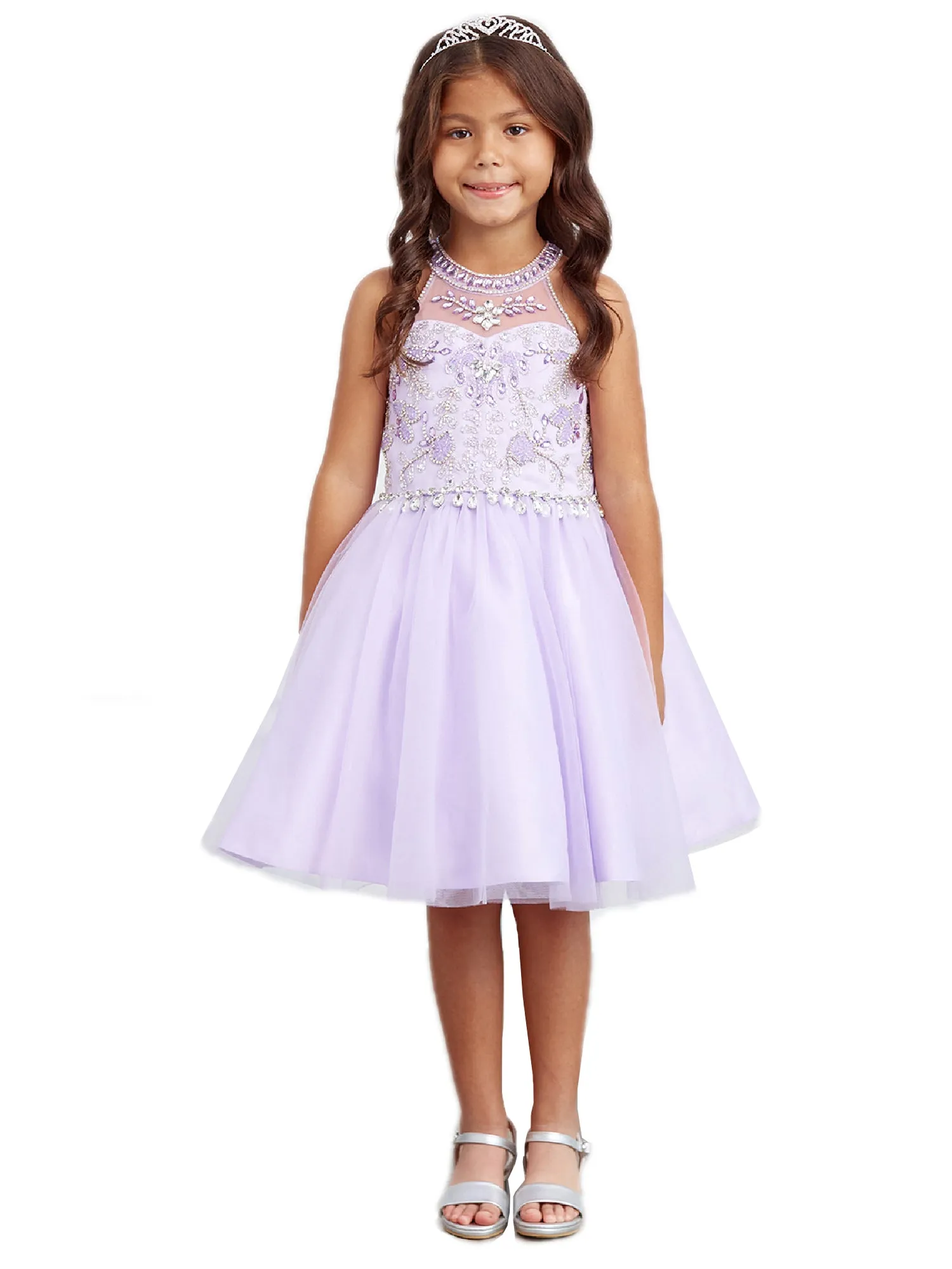 Big Girls Lilac Tear Drop Rhinestone Waist Choker Short Pageant Dress 8-12