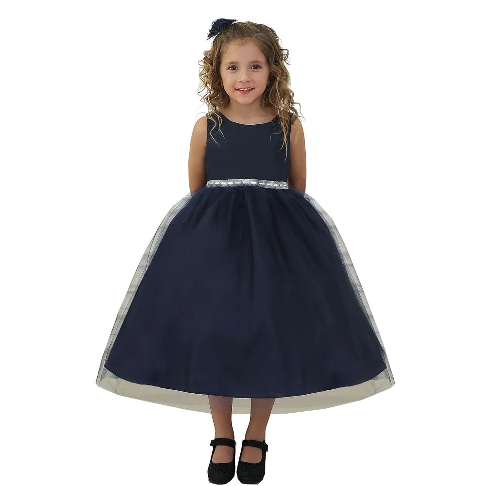 Big Girls Navy Rhinestone Tulle Junior Bridesmaid Dress 8-12