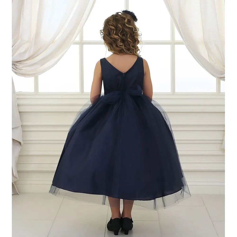 Big Girls Navy Rhinestone Tulle Junior Bridesmaid Dress 8-12