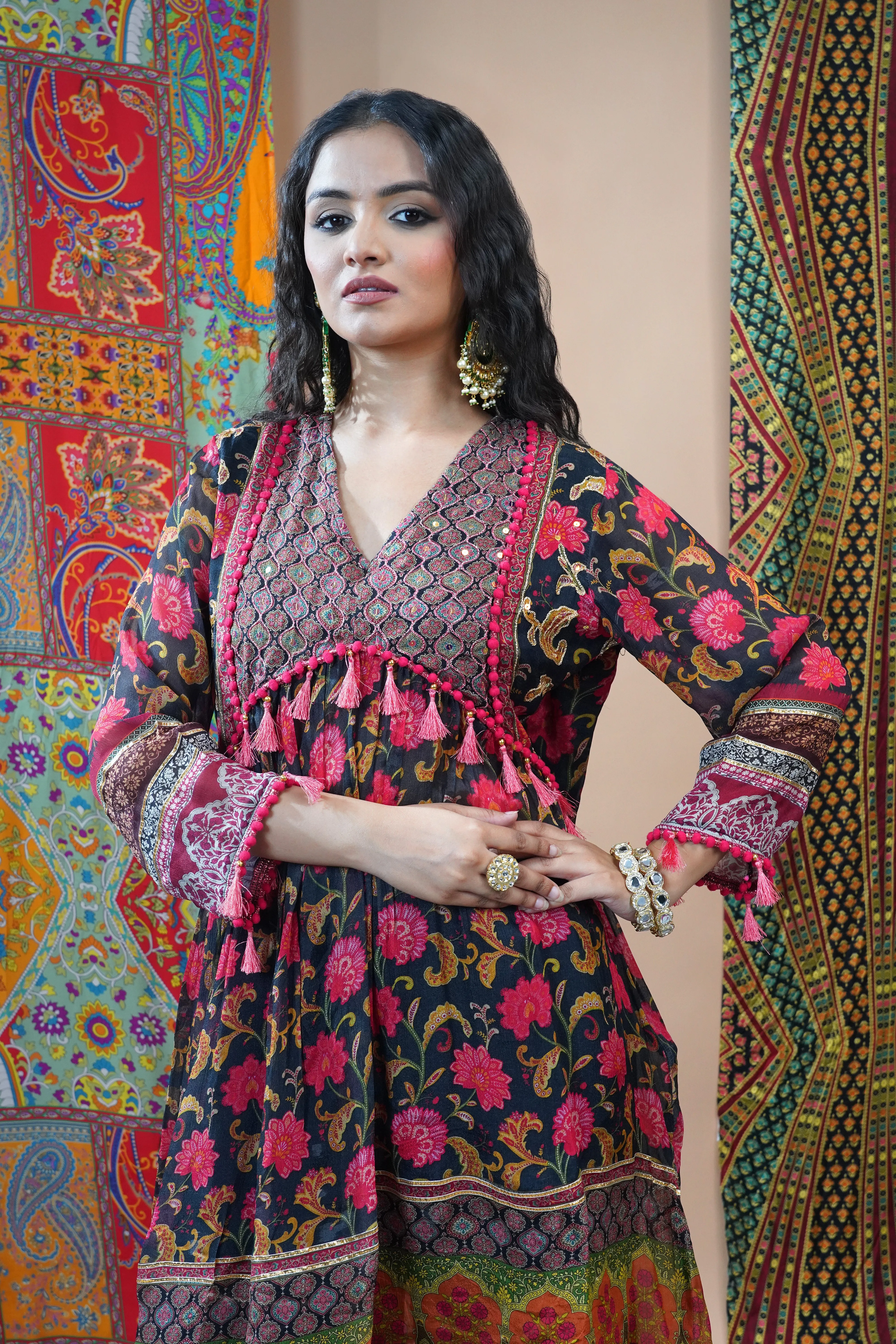 Black Traditional Printed Chinon Silk Palazzo Set