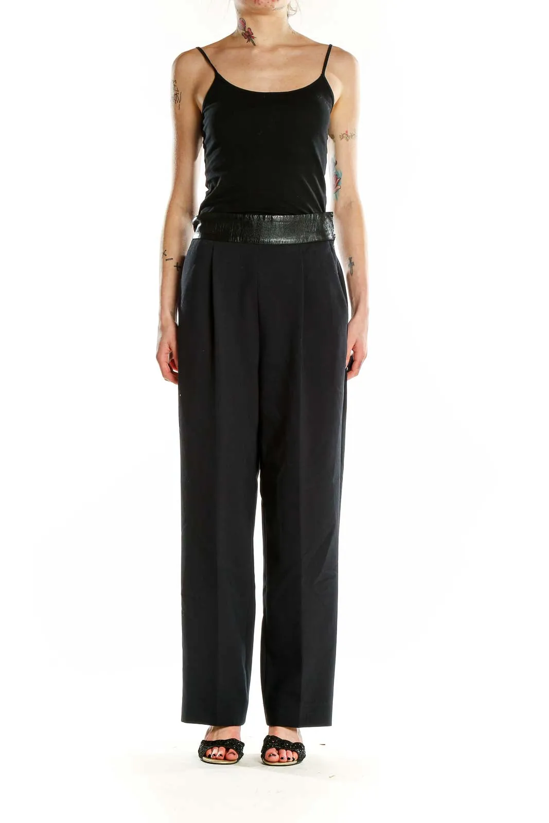 Black Wide-Leg Trousers with Faux Leather Waistband