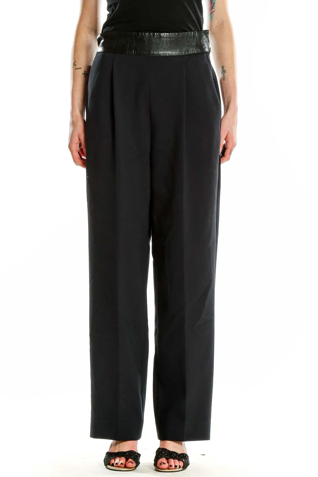 Black Wide-Leg Trousers with Faux Leather Waistband