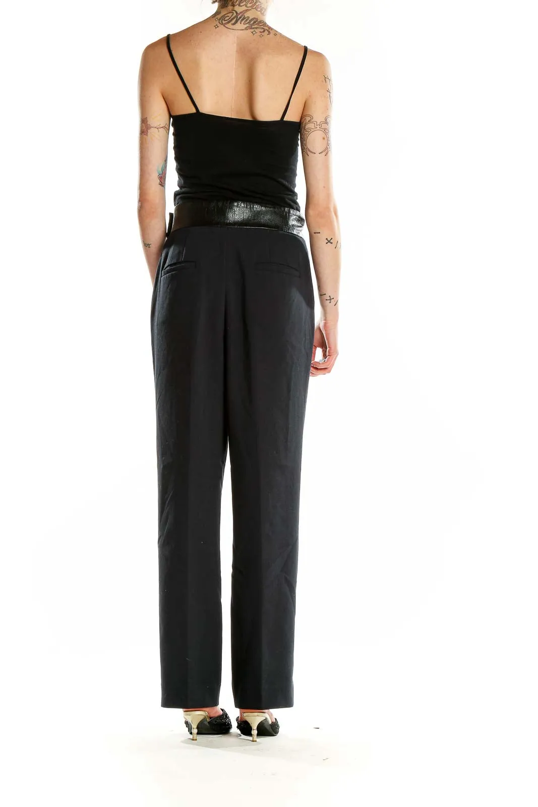 Black Wide-Leg Trousers with Faux Leather Waistband