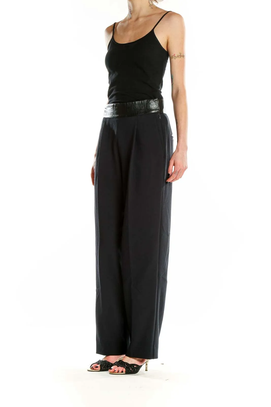 Black Wide-Leg Trousers with Faux Leather Waistband