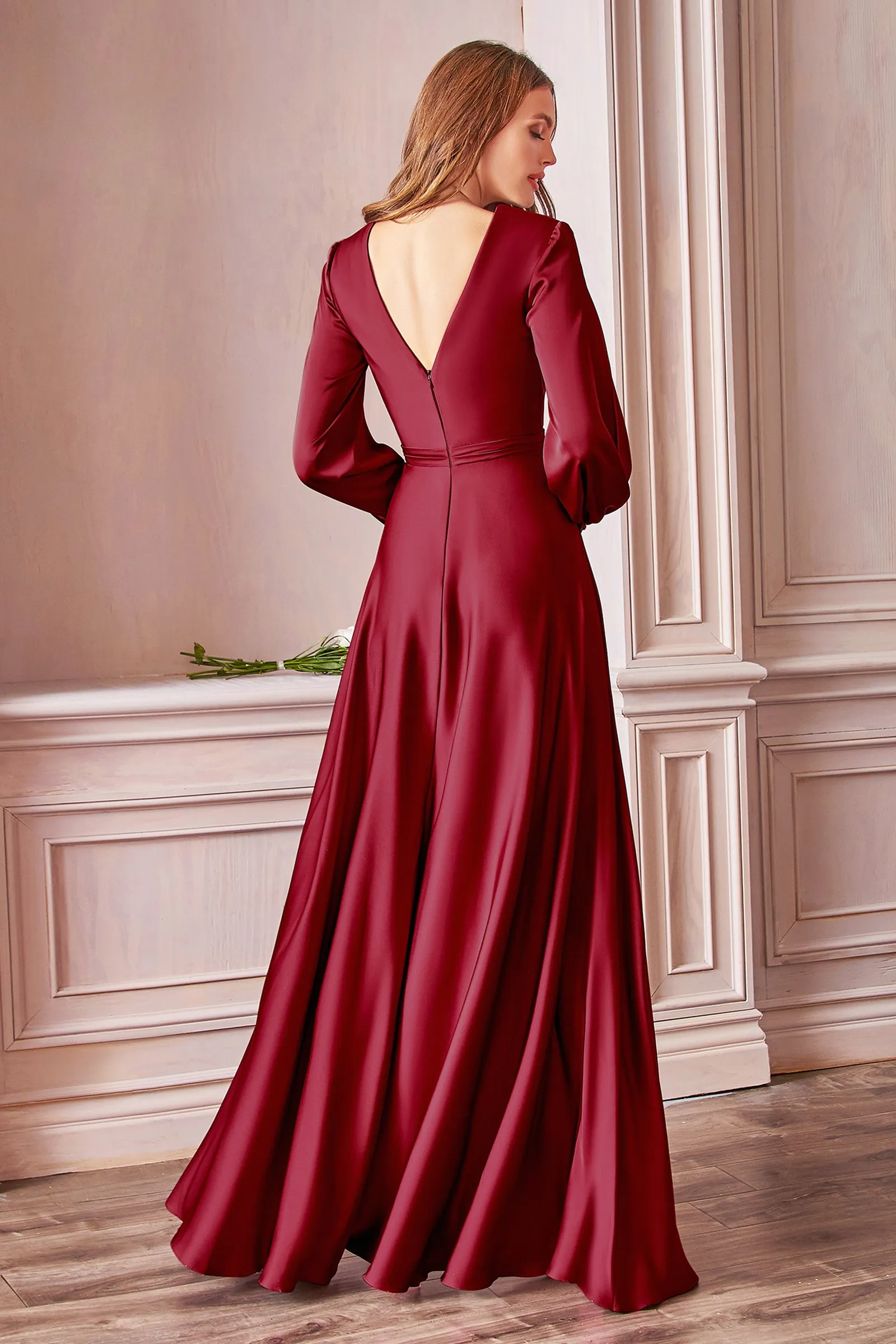 CINDERELLA DIVINE 7475 Long Sleeve V-Neck Satin Dress with High Slit