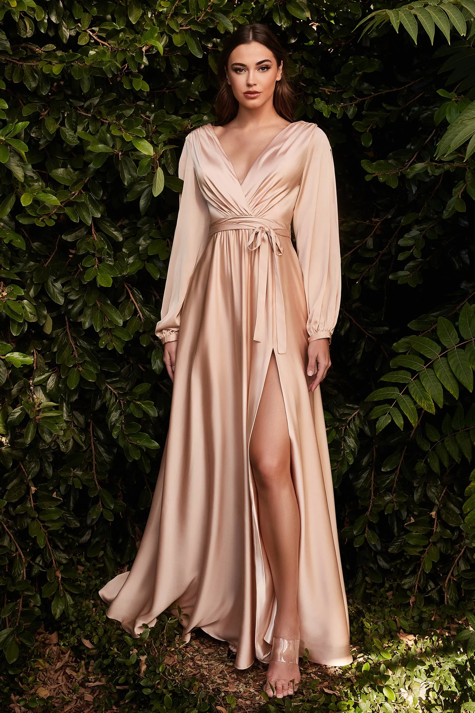 CINDERELLA DIVINE 7475 Long Sleeve V-Neck Satin Dress with High Slit