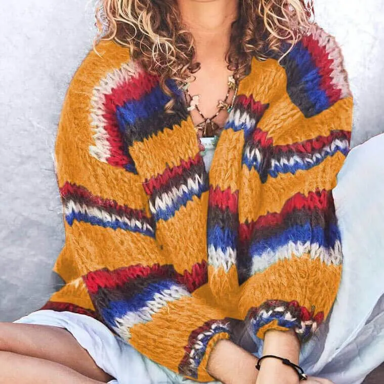 Colorblock Rainbow Striped Knit Cardigan Sweater