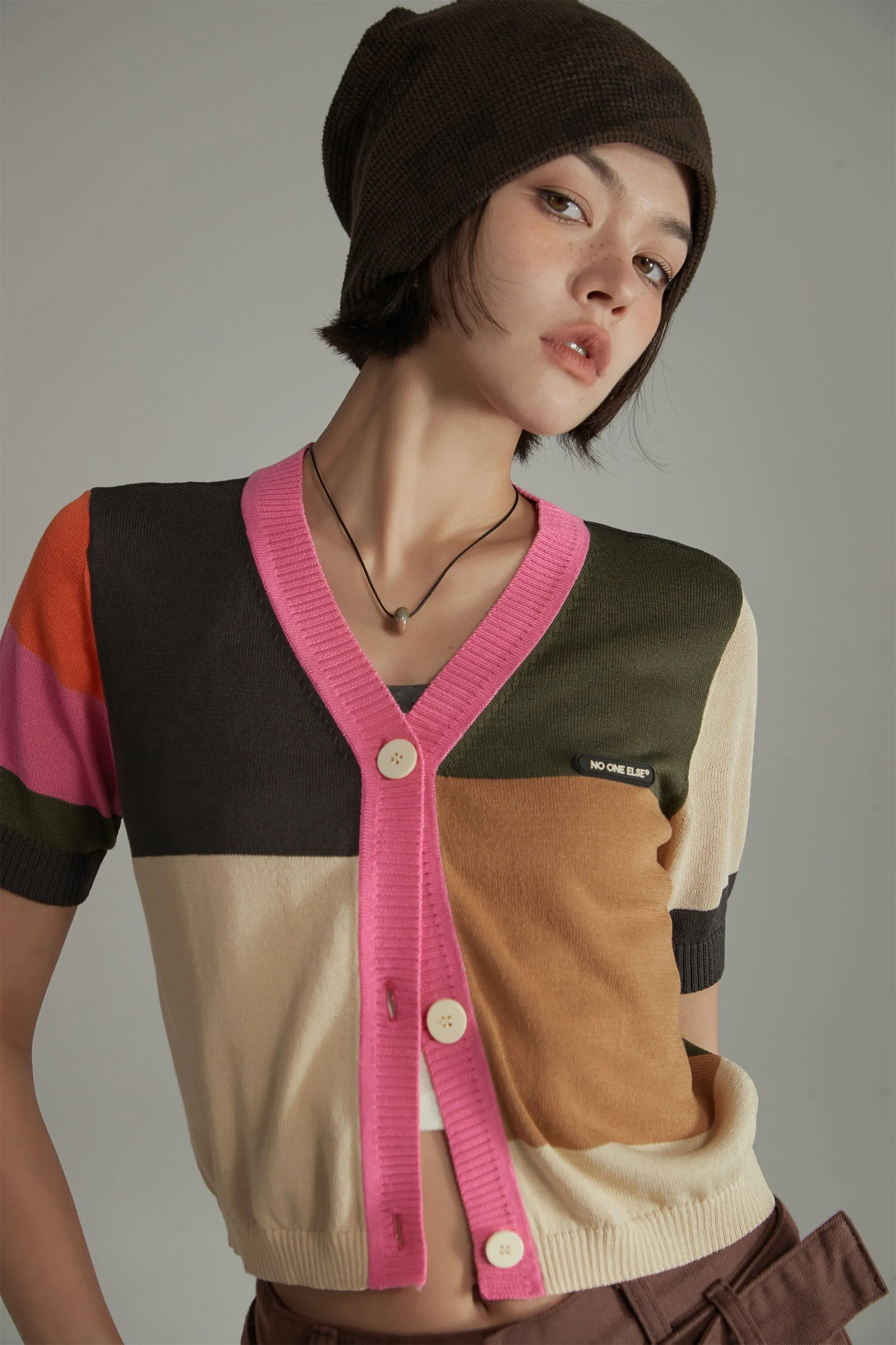 Colorblocked Knit Short Sleeve Cardigan