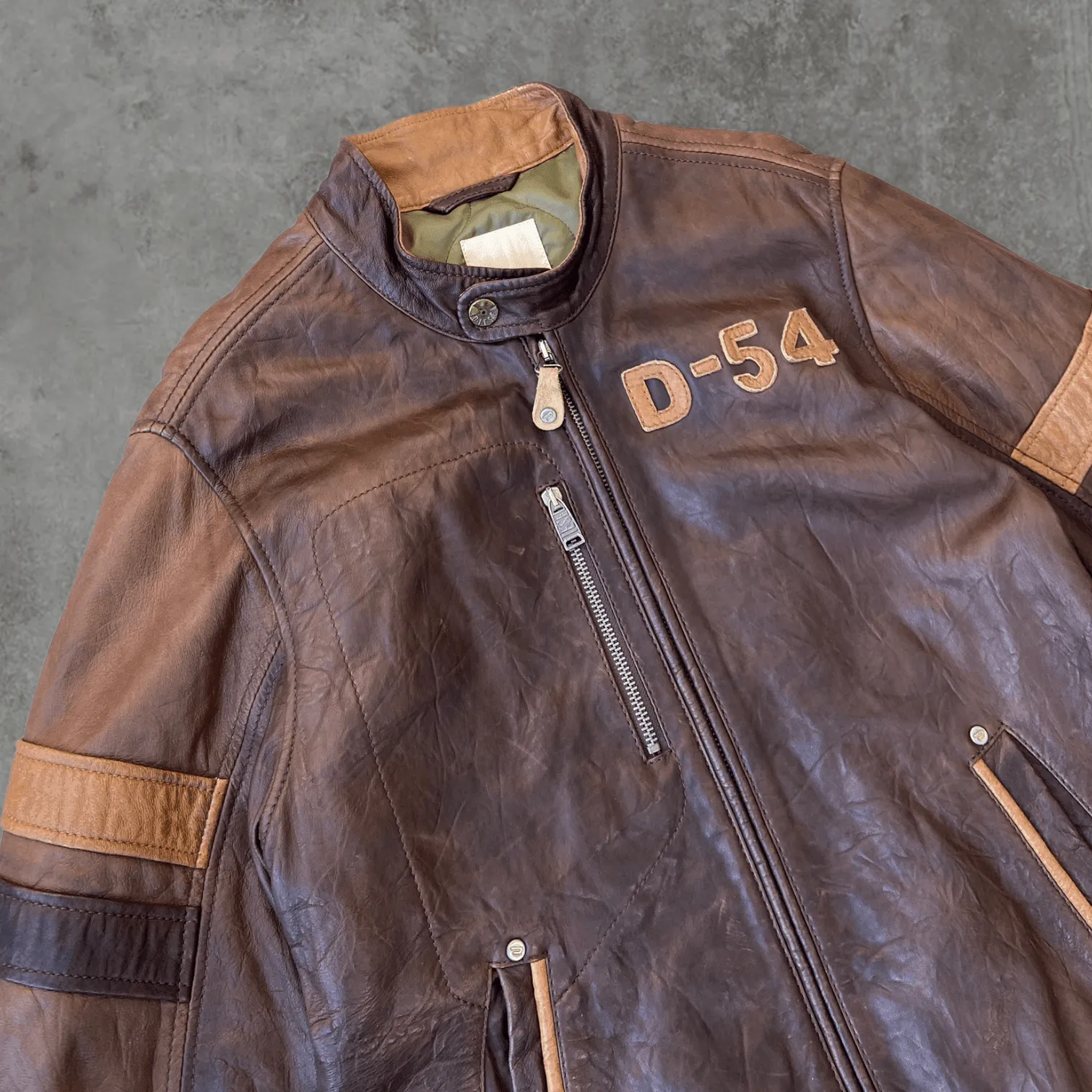 DIESEL SPELL-OUT BROWN LEATHER JACKET - M