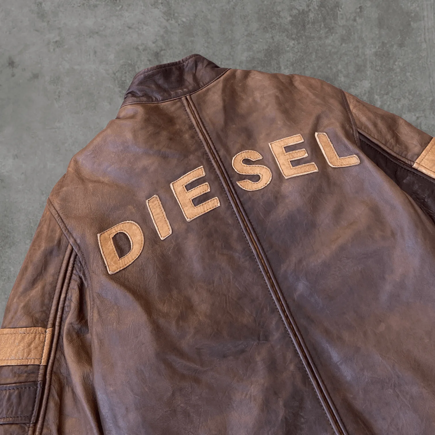 DIESEL SPELL-OUT BROWN LEATHER JACKET - M