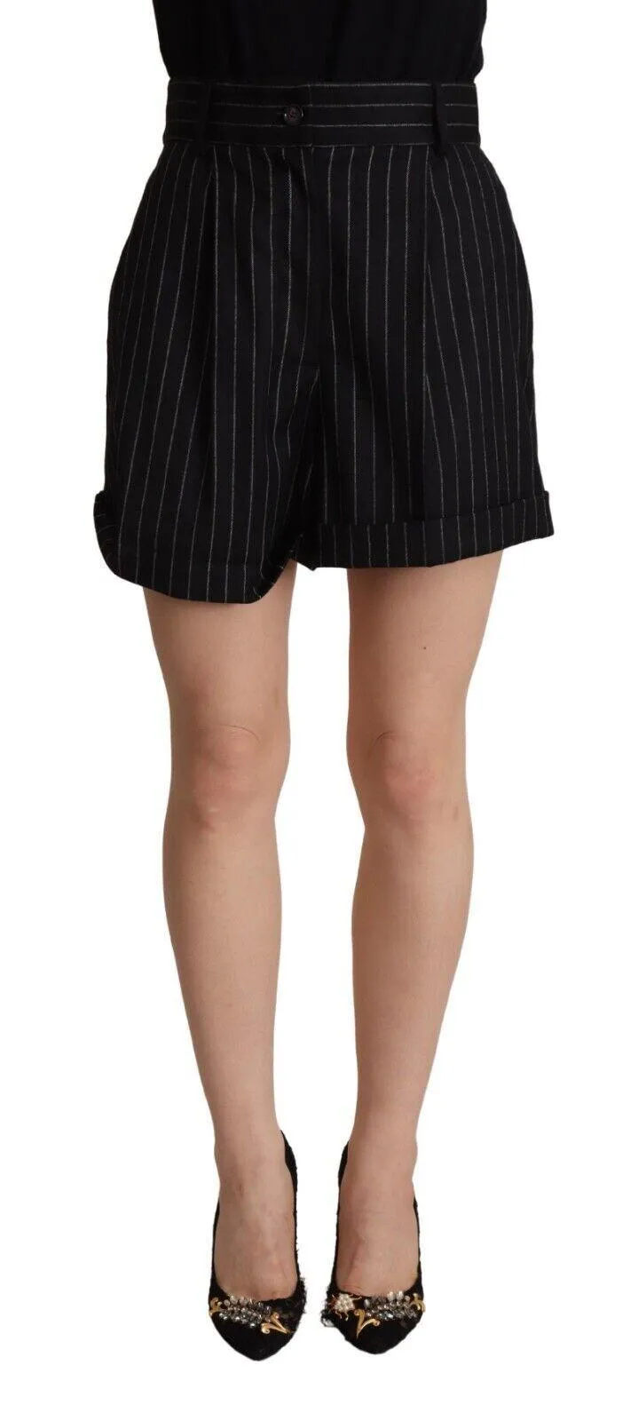 Dolce & Gabbana Black Stripes Wool High Waist Trouser Bermuda Shorts