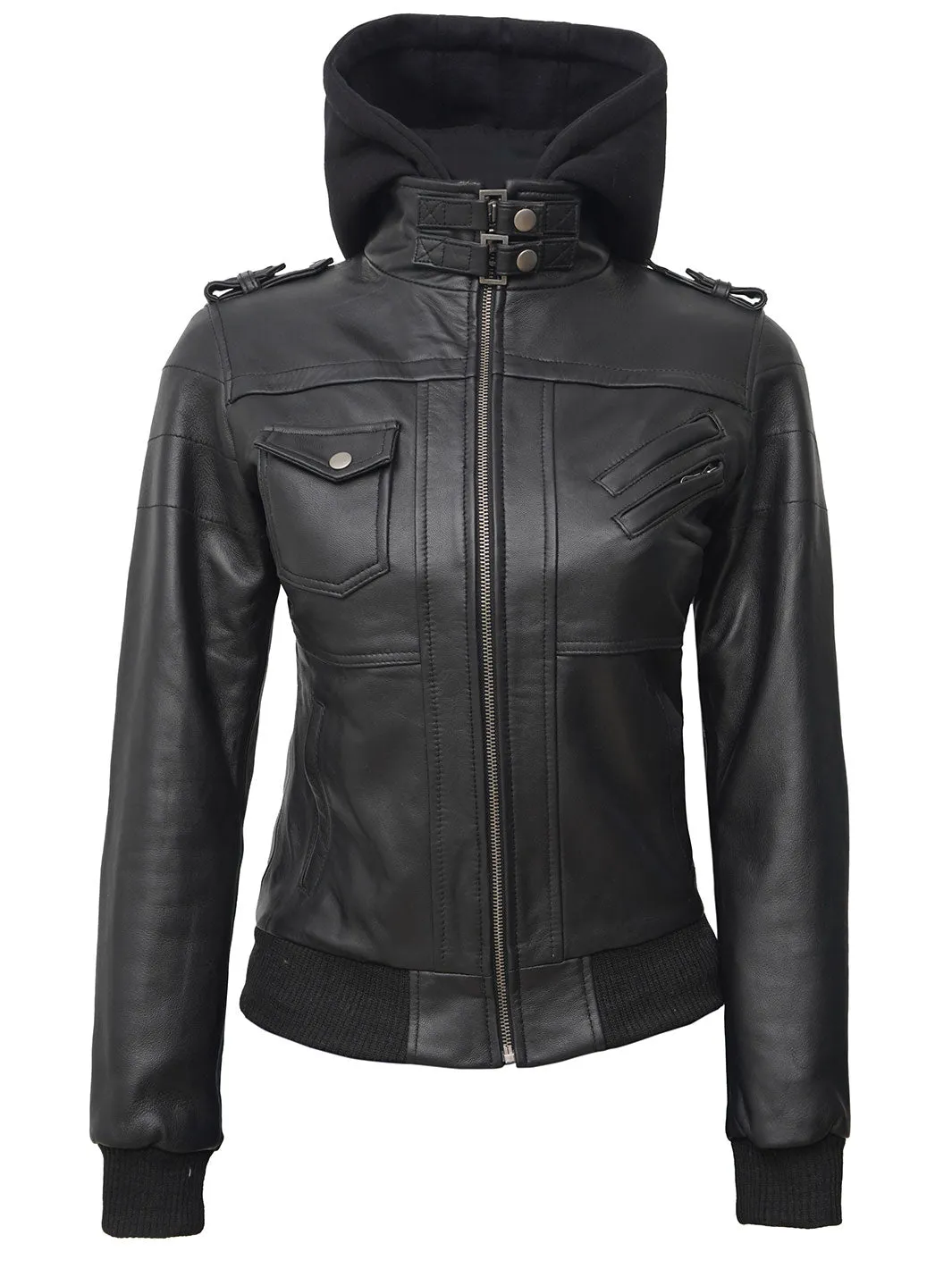 Edinburgh Petite Womens Black Hooded Leather Jacket