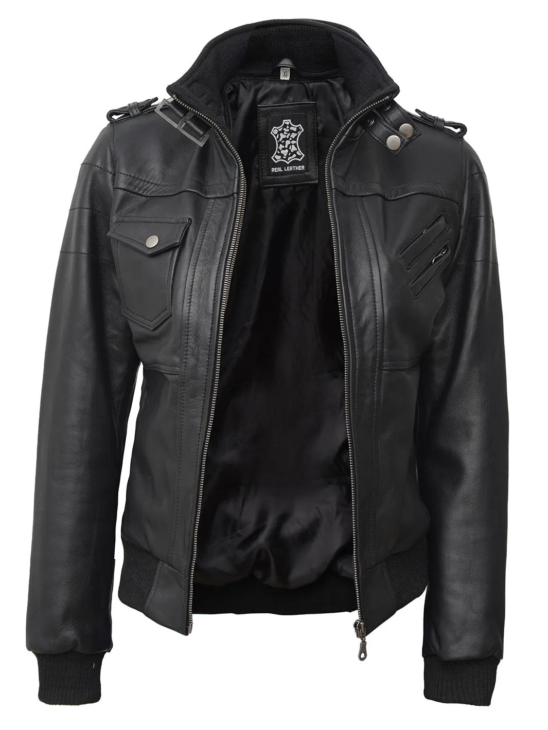 Edinburgh Petite Womens Black Hooded Leather Jacket