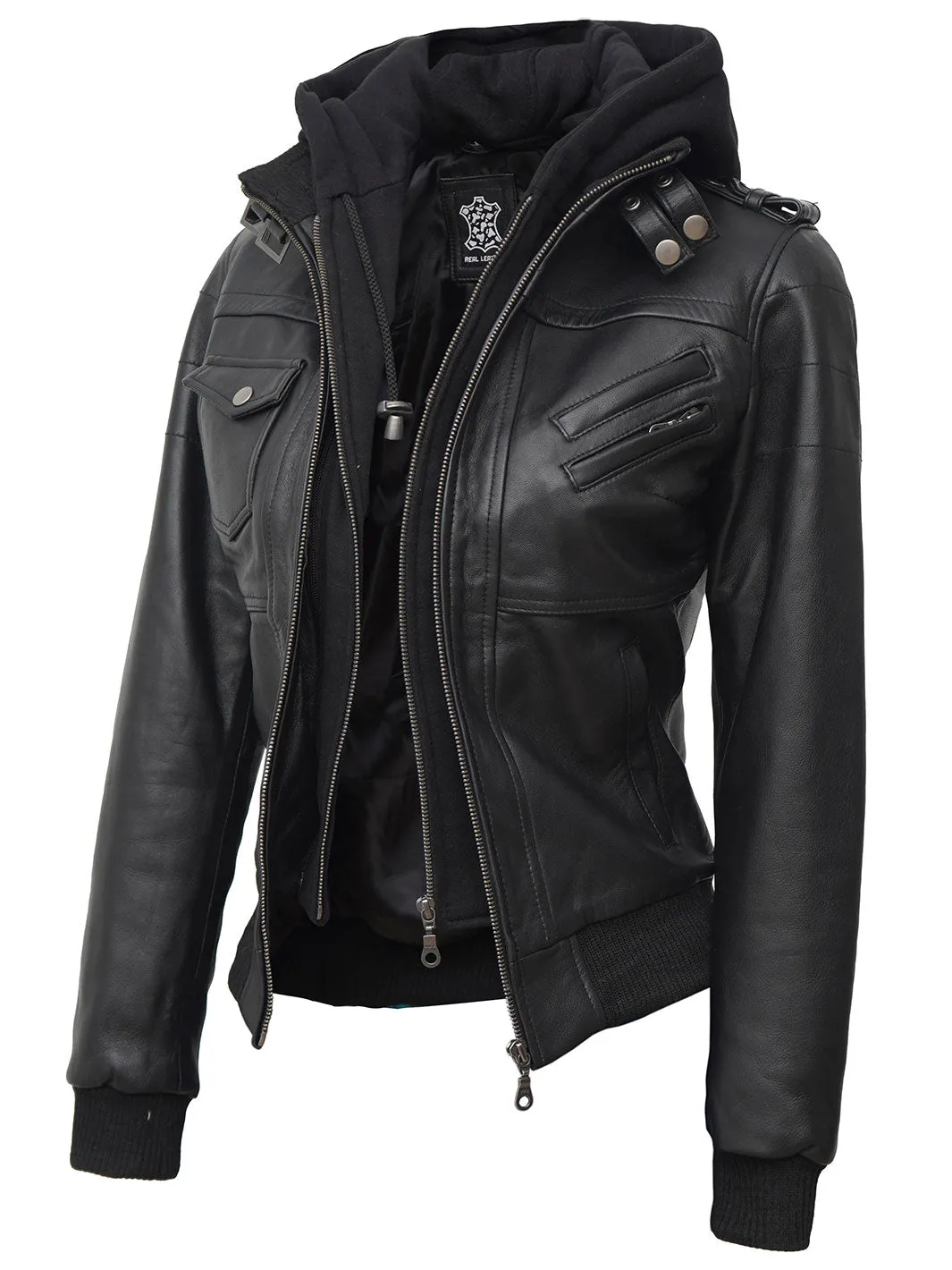 Edinburgh Petite Womens Black Hooded Leather Jacket