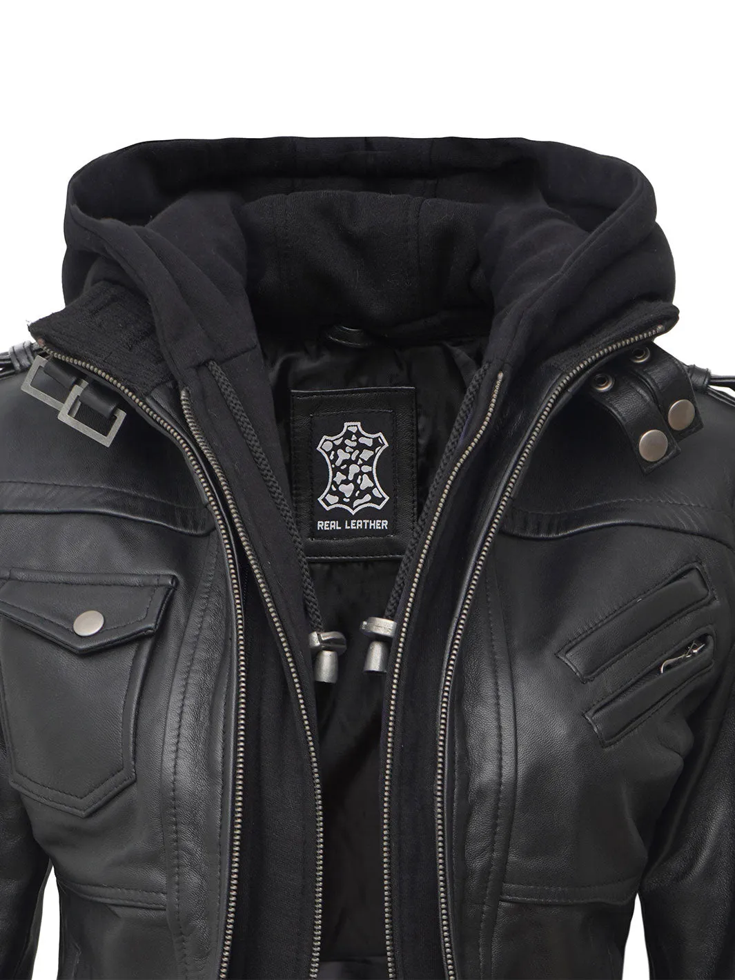 Edinburgh Petite Womens Black Hooded Leather Jacket