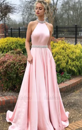 Elegant Beaded Pink Long Prom Dress with Open Back