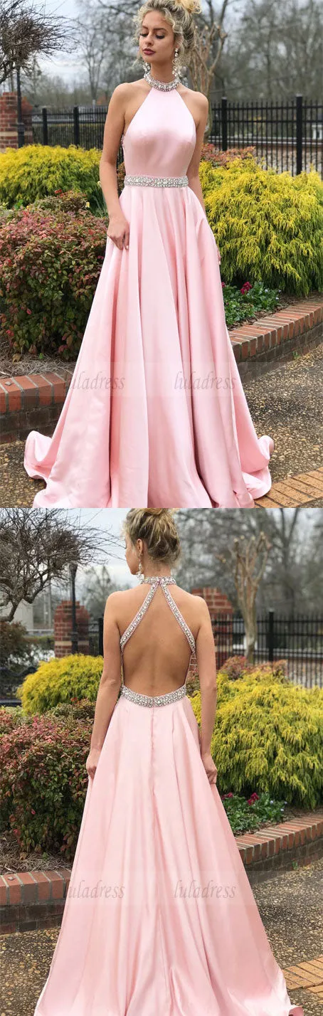 Elegant Beaded Pink Long Prom Dress with Open Back