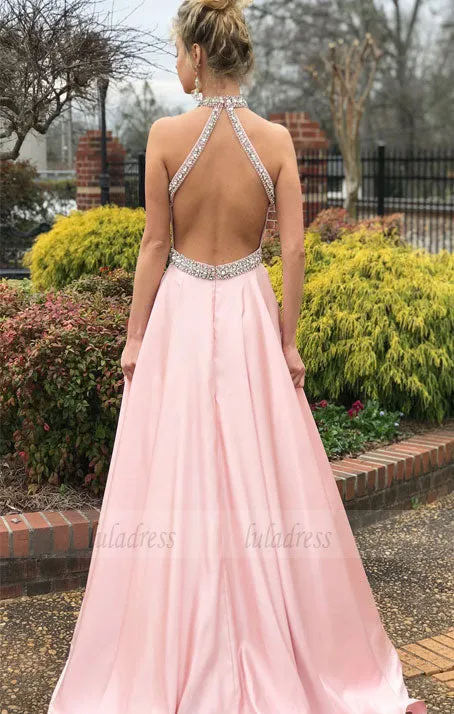 Elegant Beaded Pink Long Prom Dress with Open Back