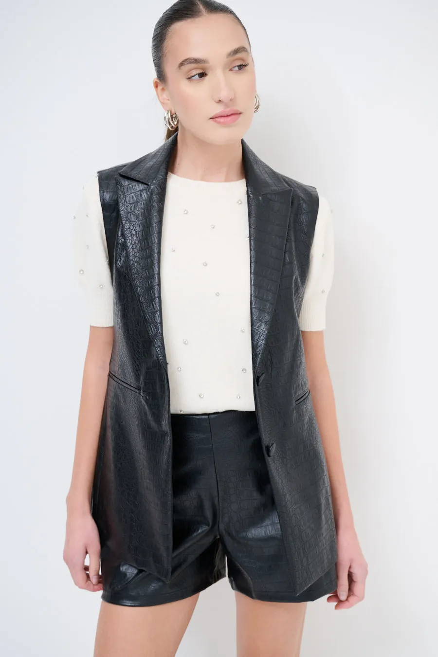 Faux leather sleeveless blazer with tailored fit wholesale