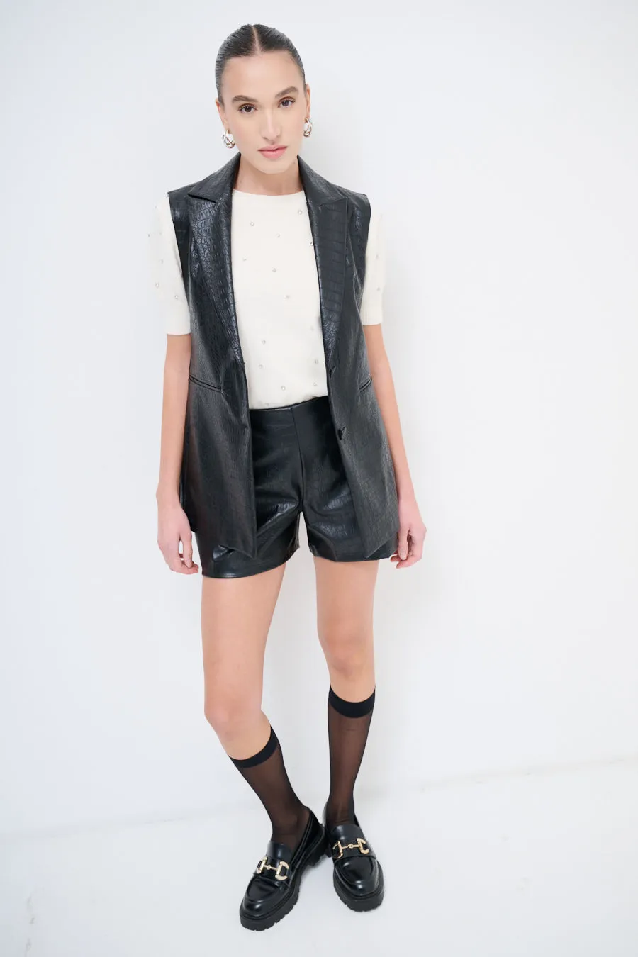 Faux leather sleeveless blazer with tailored fit wholesale