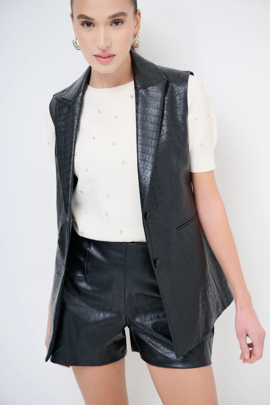 Faux leather sleeveless blazer with tailored fit wholesale