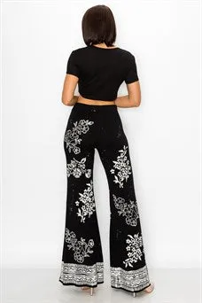 Floral Stamp Vintage Print Wide Leg Pants