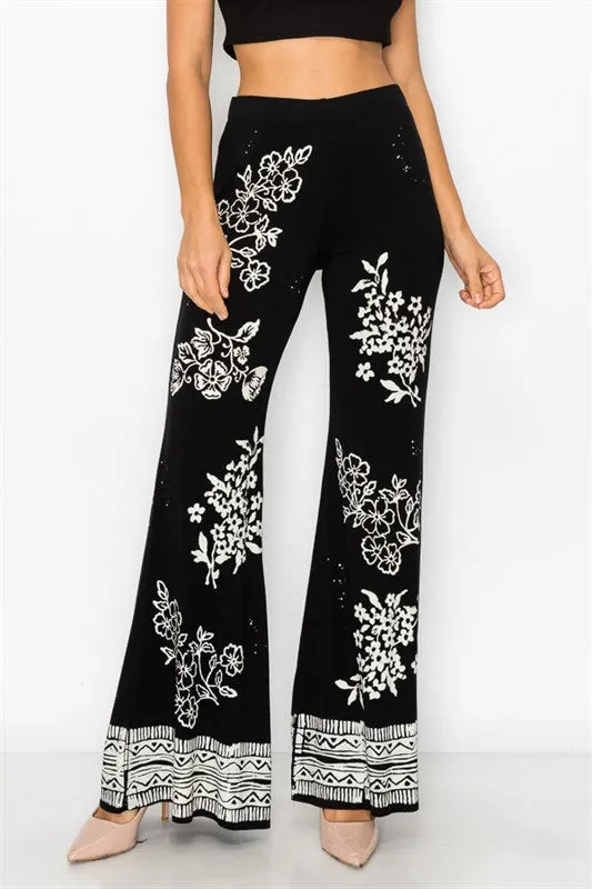 Floral Stamp Vintage Print Wide Leg Pants