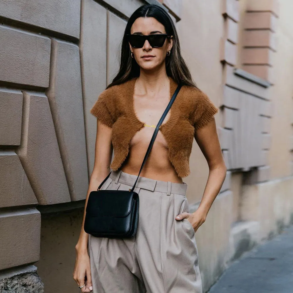 Fluffy Mohair Metal Detail Short Sleeve Cropped Camel Knit Cardigan