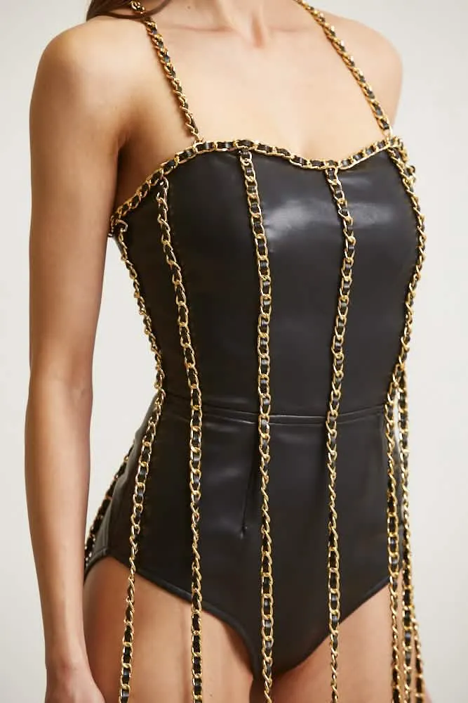 Fringe Glamour Faux Leather Bodysuit