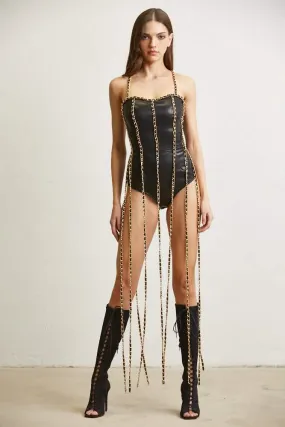 Fringe Glamour Faux Leather Bodysuit