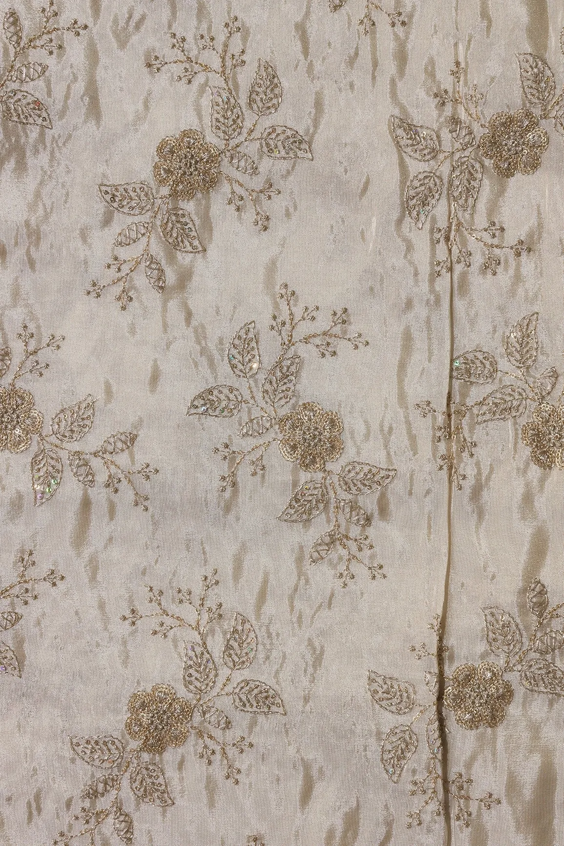 Gold Sequins And Zari Floral Embroidery Work On Dyeable Pure Viscose Zari Tissue Fabric