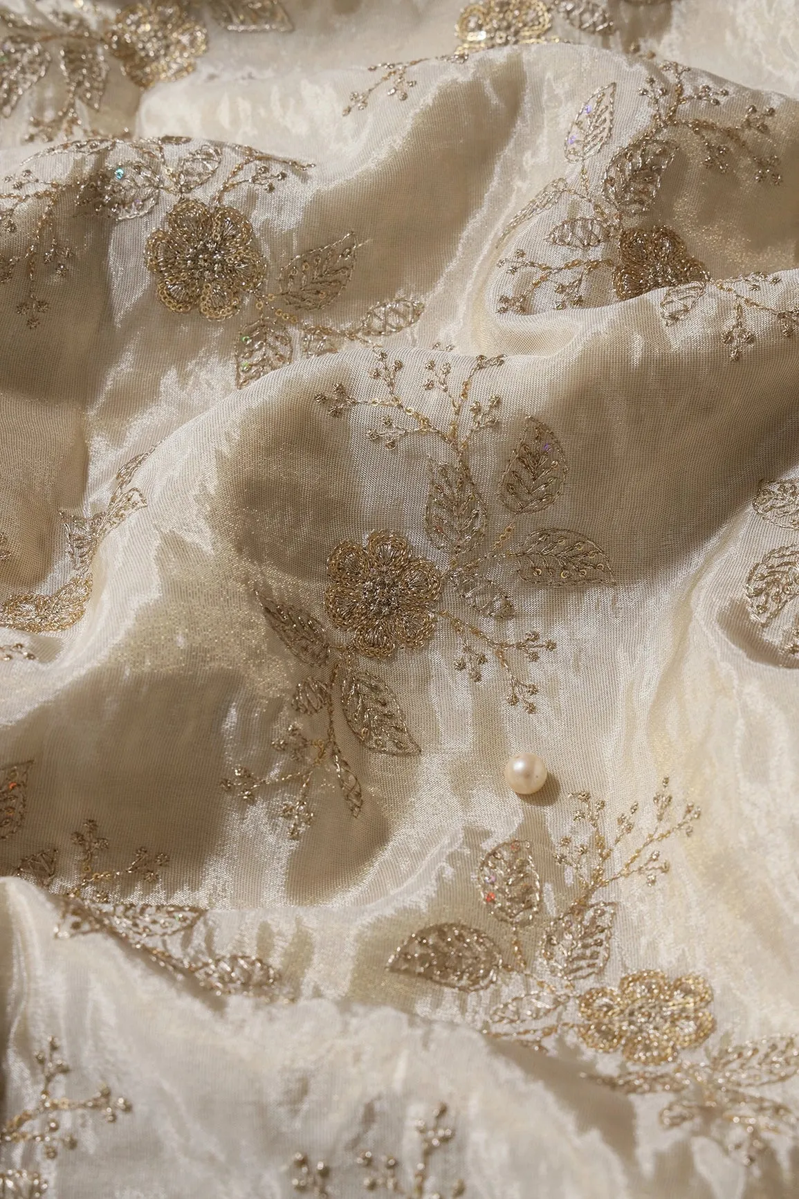 Gold Sequins And Zari Floral Embroidery Work On Dyeable Pure Viscose Zari Tissue Fabric