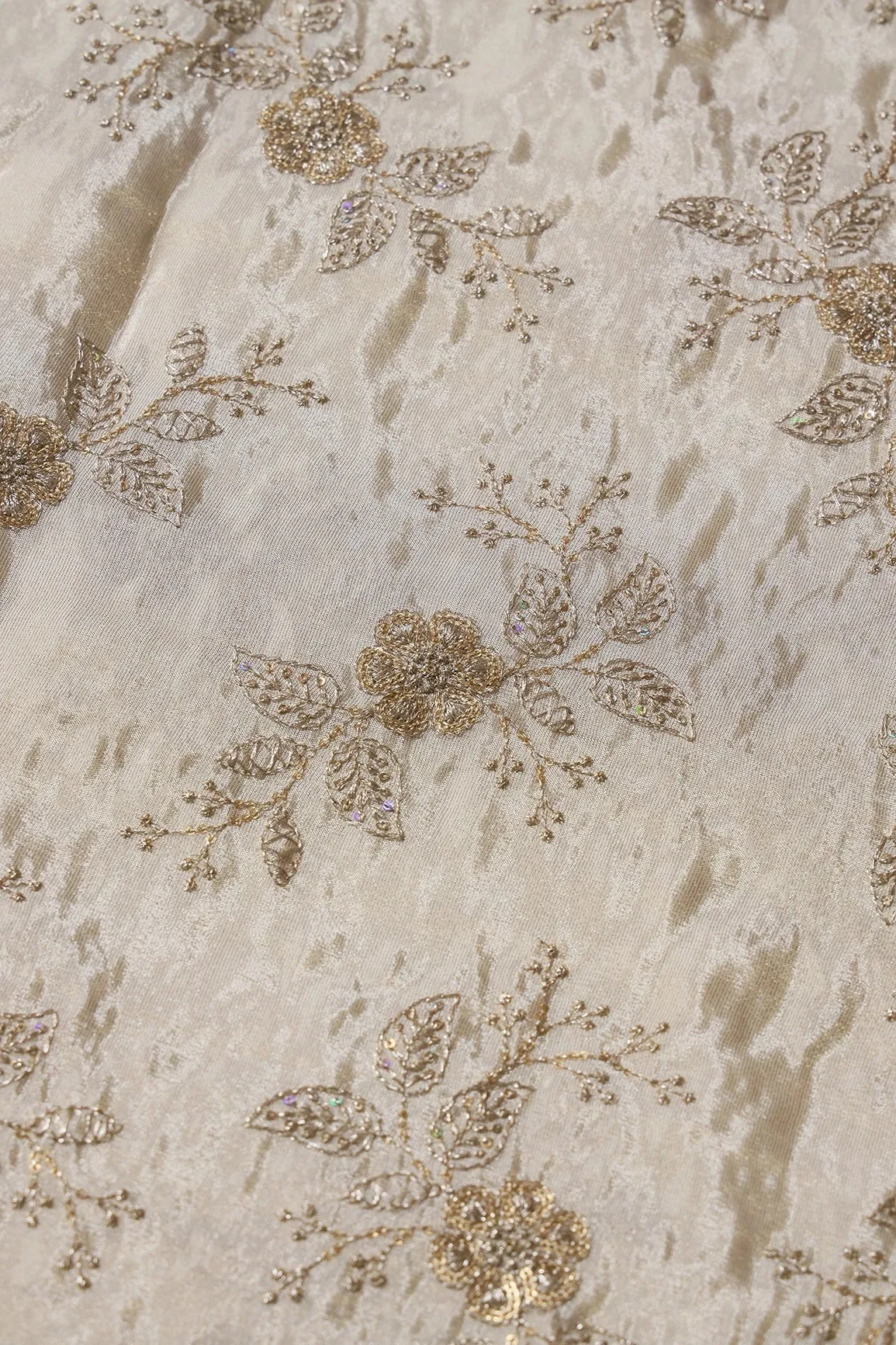 Gold Sequins And Zari Floral Embroidery Work On Dyeable Pure Viscose Zari Tissue Fabric