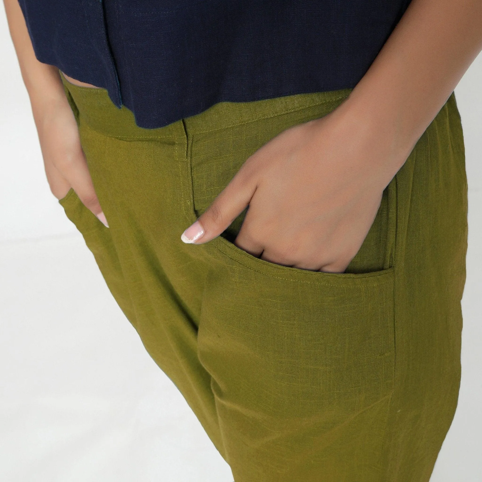 Green 100% Cotton Elasticated Mid-Rise Chinos