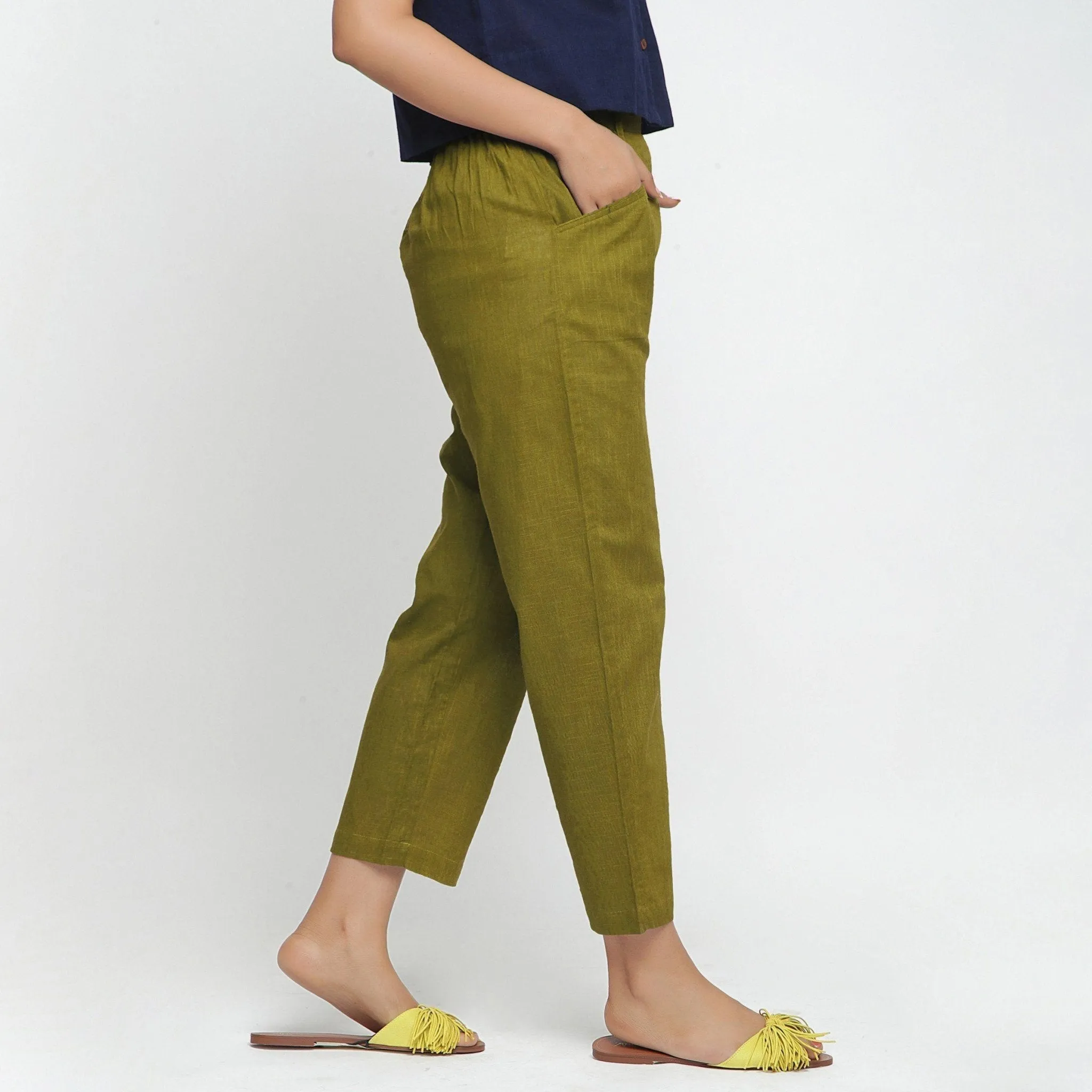 Green 100% Cotton Elasticated Mid-Rise Chinos