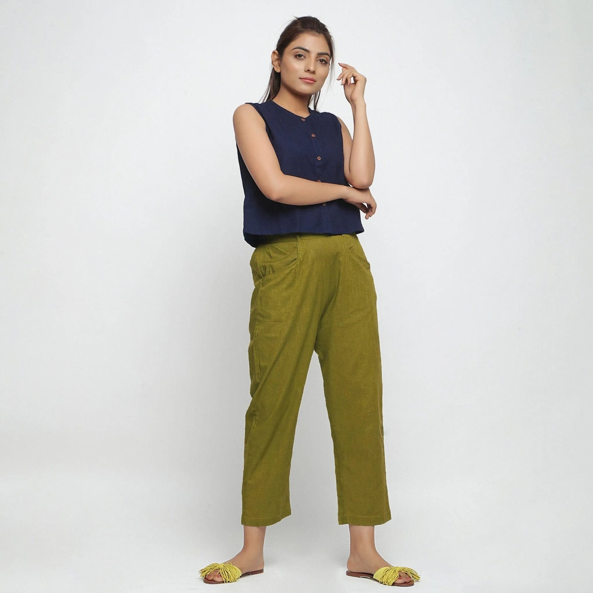 Green 100% Cotton Elasticated Mid-Rise Chinos