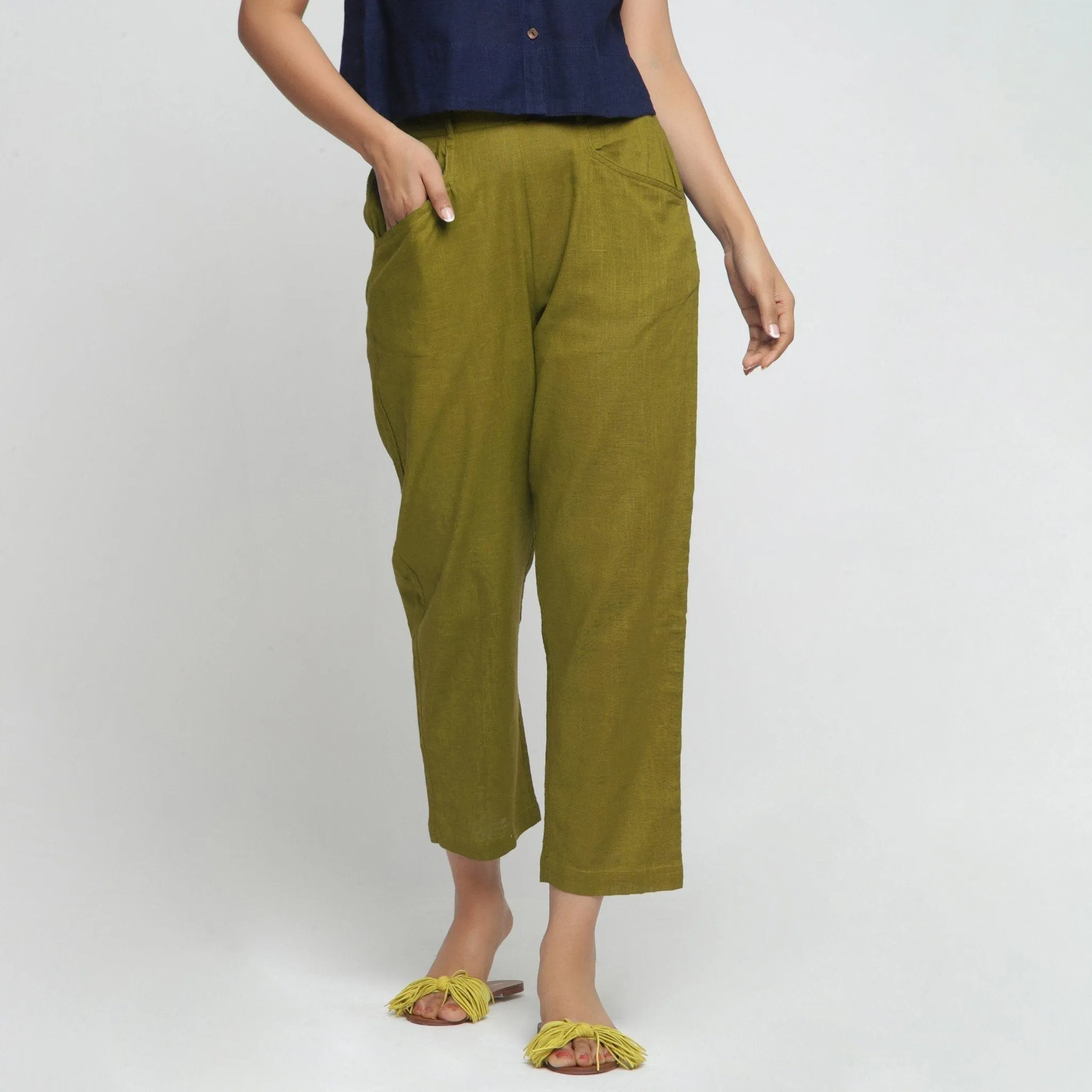 Green 100% Cotton Elasticated Mid-Rise Chinos