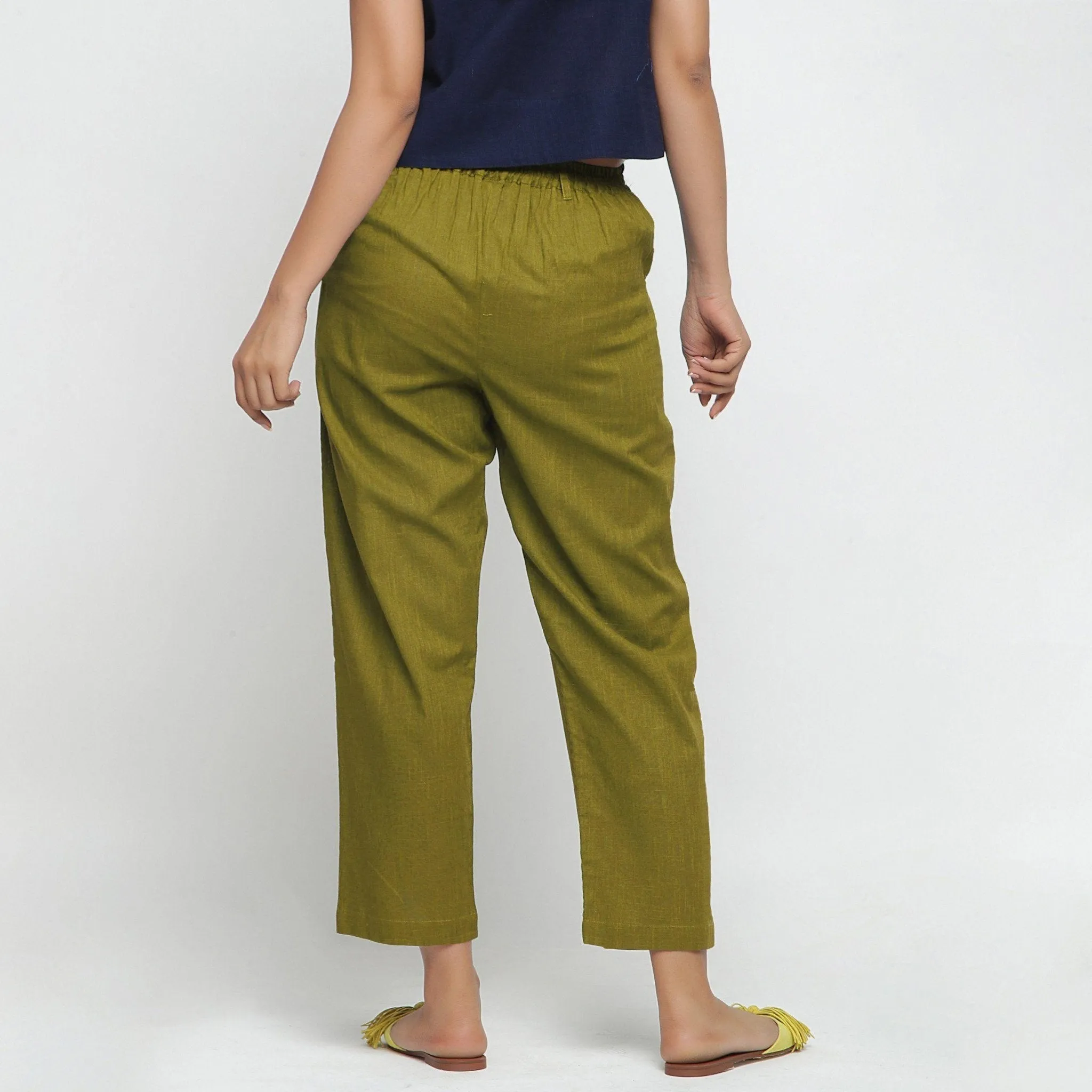 Green 100% Cotton Elasticated Mid-Rise Chinos