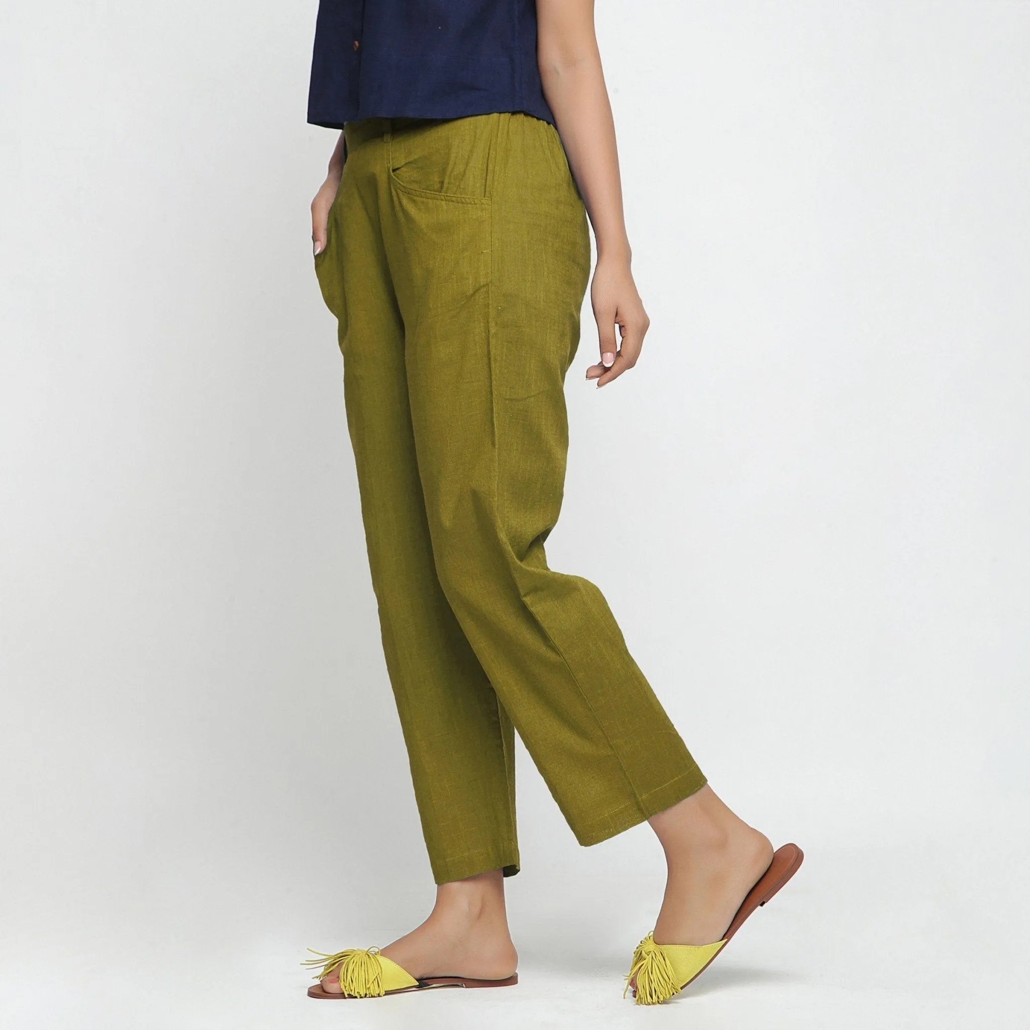 Green 100% Cotton Elasticated Mid-Rise Chinos