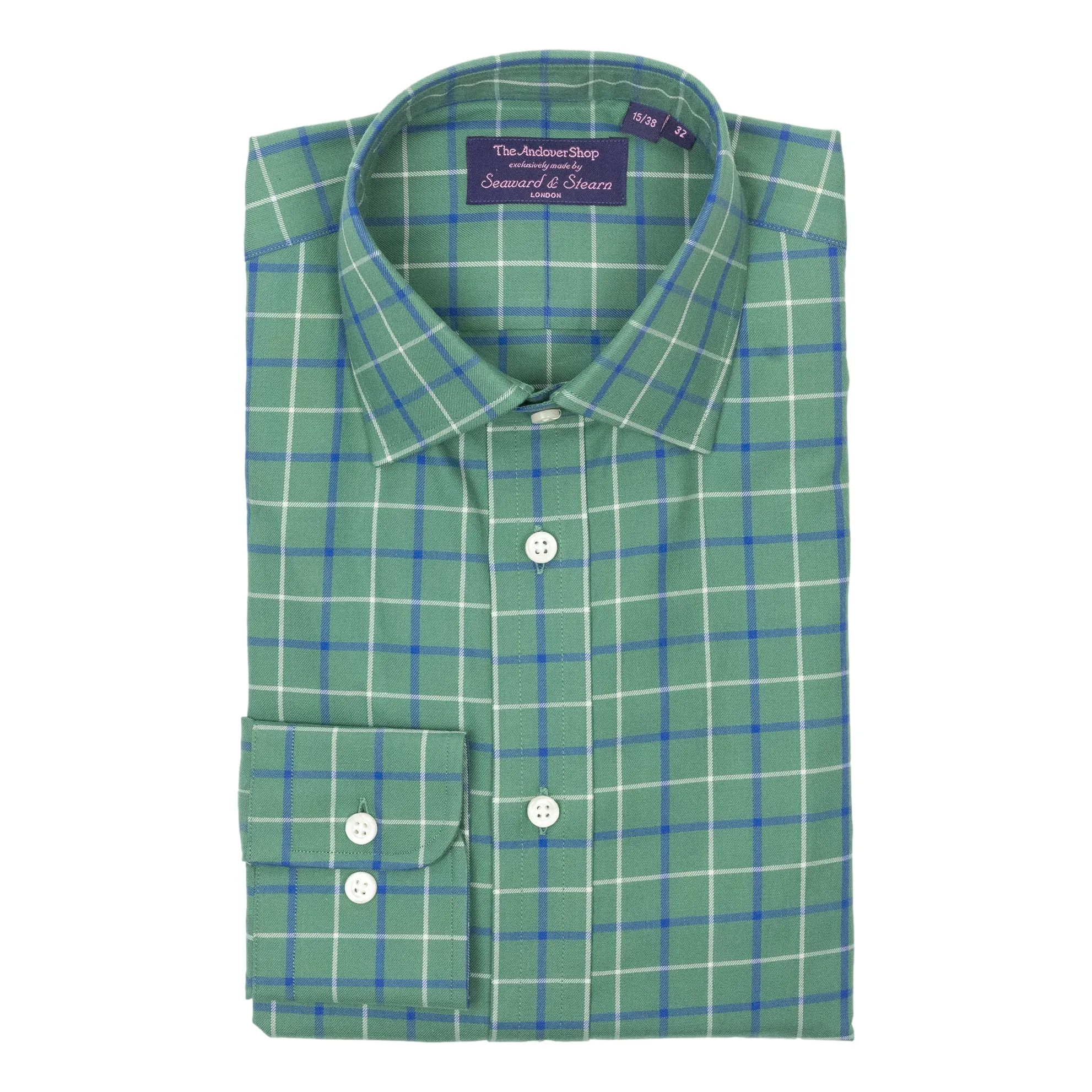 Green Ground with White and Blue Tattersall Spread Collar Dress Shirt