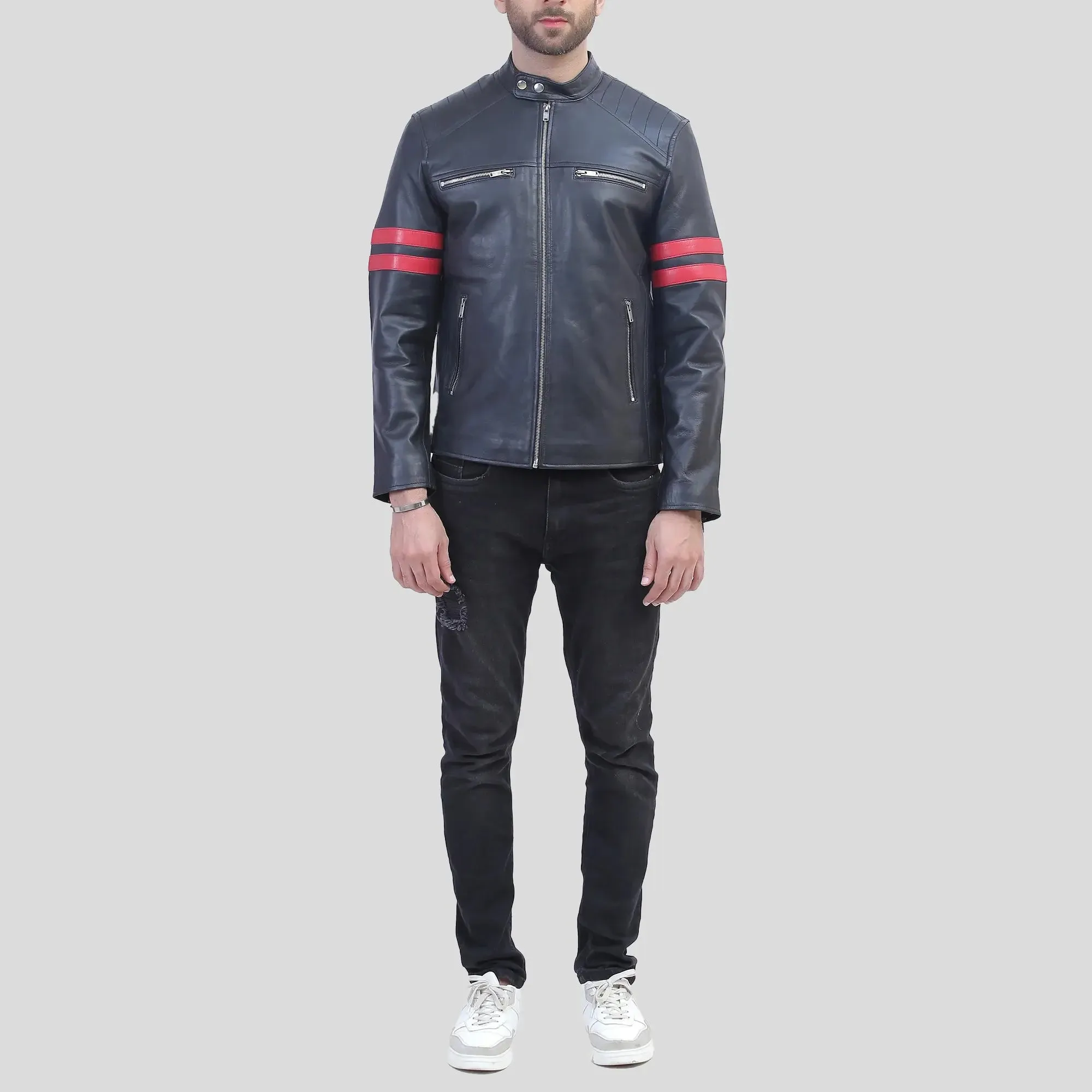 Hunter Men’s Black Leather Red Striped Cafe Racer Jacket