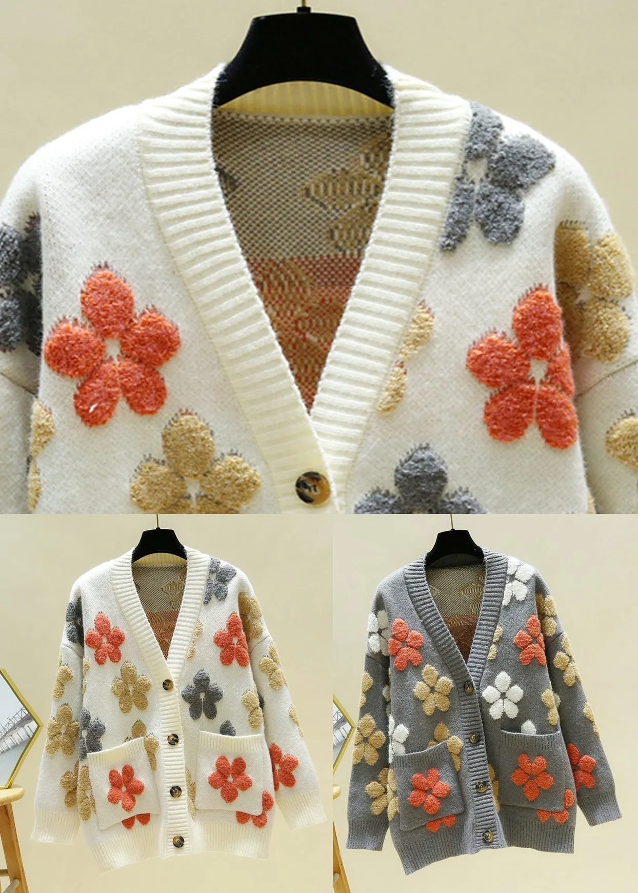 Italian Beige V Neck Embroideried Floral Cozy Knit Cardigans Fall